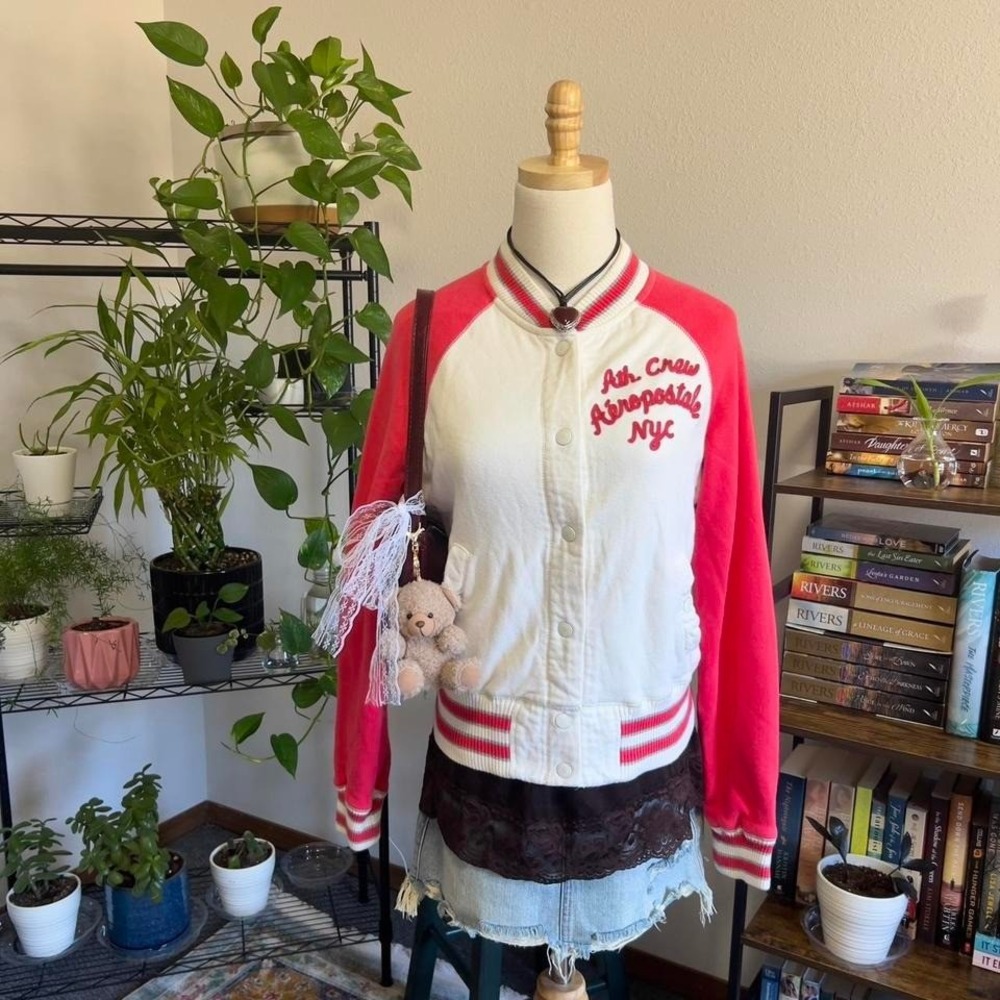 Y2K Style Aeropostale Pink & White‎ Varsity Jacket Downtown Preppy Womens M